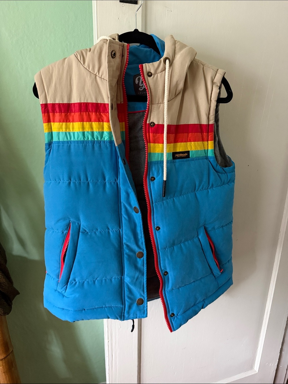 Women's Blue Rainbow Stripe Hooded Puffer Vest